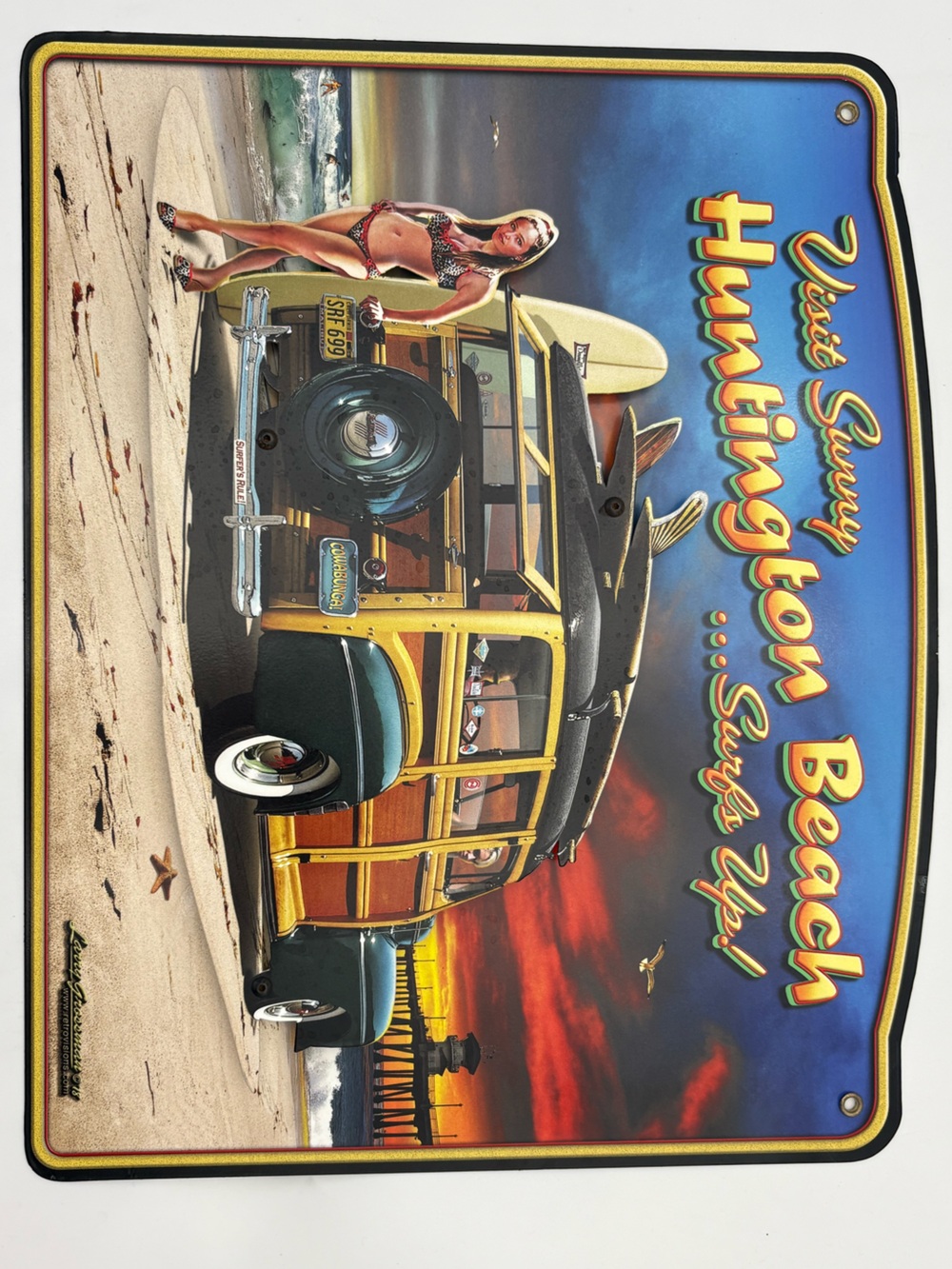 3-D Visit Sunny Huntington Beach Surfs Up Metal Sign - Woody Surfboard Art Print - Picture 2 of 11